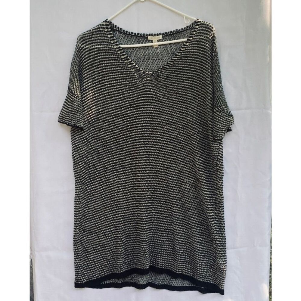 Eileen Fisher Organic Linen Knit Tunic Top Black White Striped Short Sleeve Size